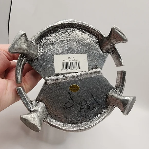 2001 Carson Statesmetal Candle Holder Pewter Crosses Religious Large Jar Footed - Picture 4 of 5